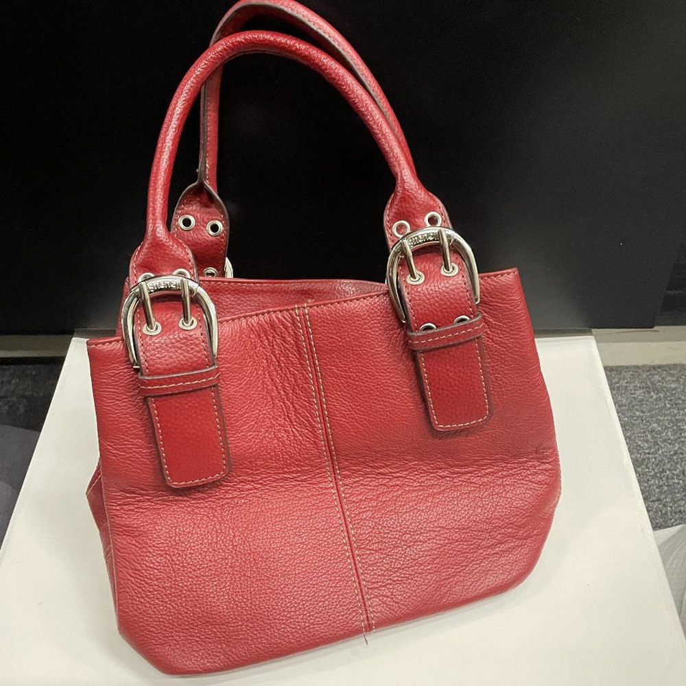 Tignanello Red Pebbled Leather Double Handle Handbag Silver Buckle